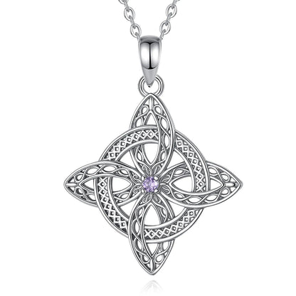 925 sterling silver Celtic Witch Knot pendant with a central purple zirconia, on a delicate chain.