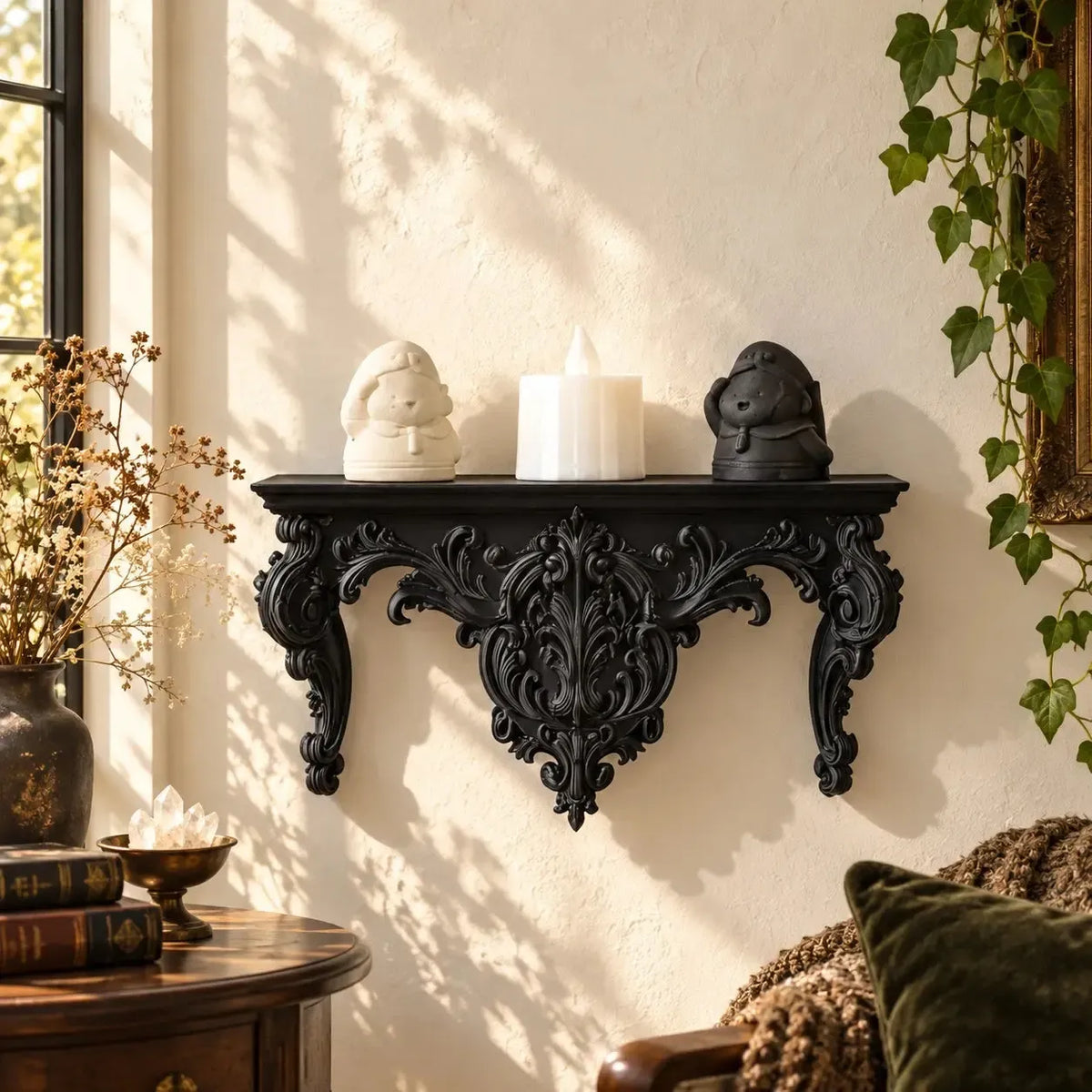 Ornate rococo wall shelf displayed on a light wall with figurines
