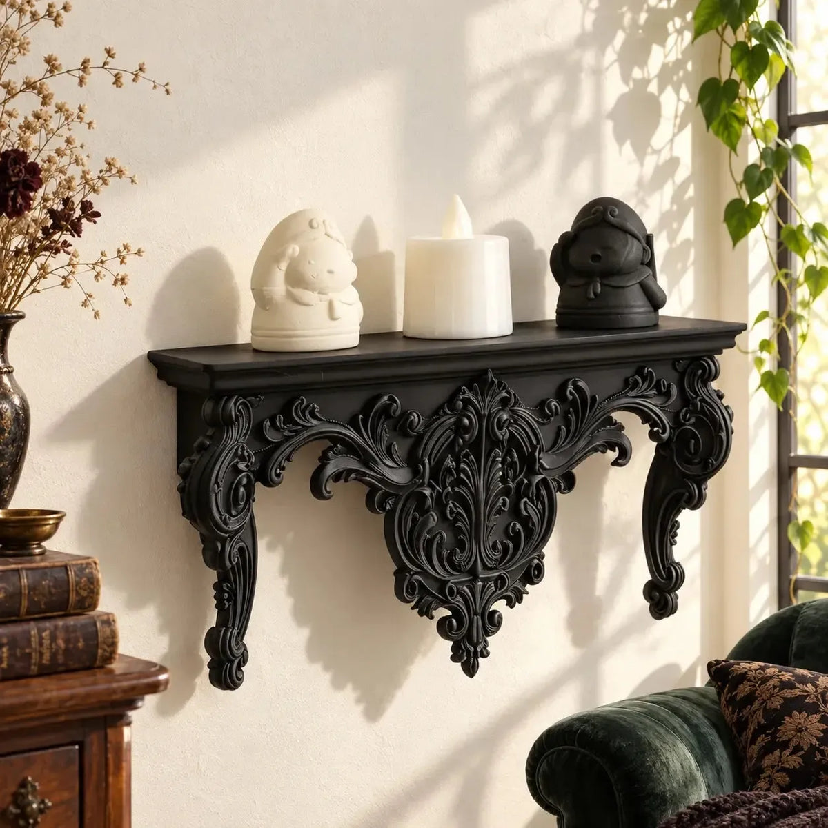 Rococo shelf in a softly lit room with botanical branches