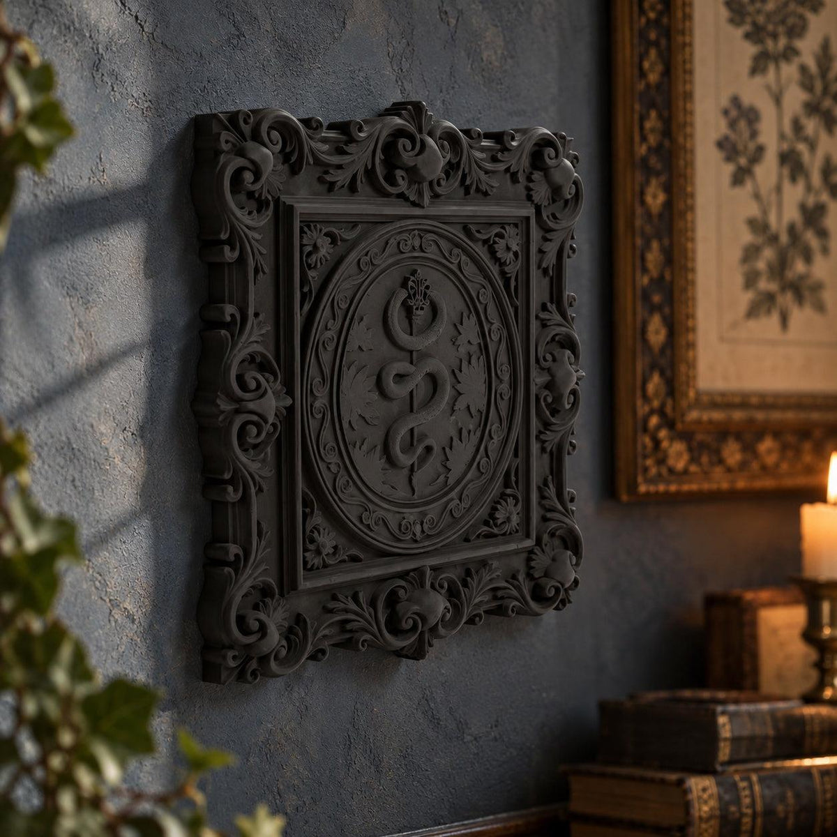 Rod of Asclepius Wall Plaque in a realistic witchy gothic setting, detailed product view with natural shine and contact shadows.