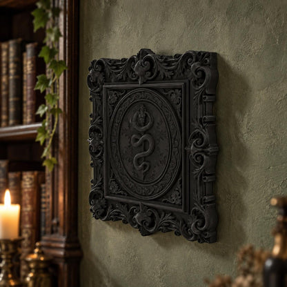 Rod of Asclepius Wall Plaque in a realistic witchy gothic setting, detailed product view with natural shine and contact shadows.
