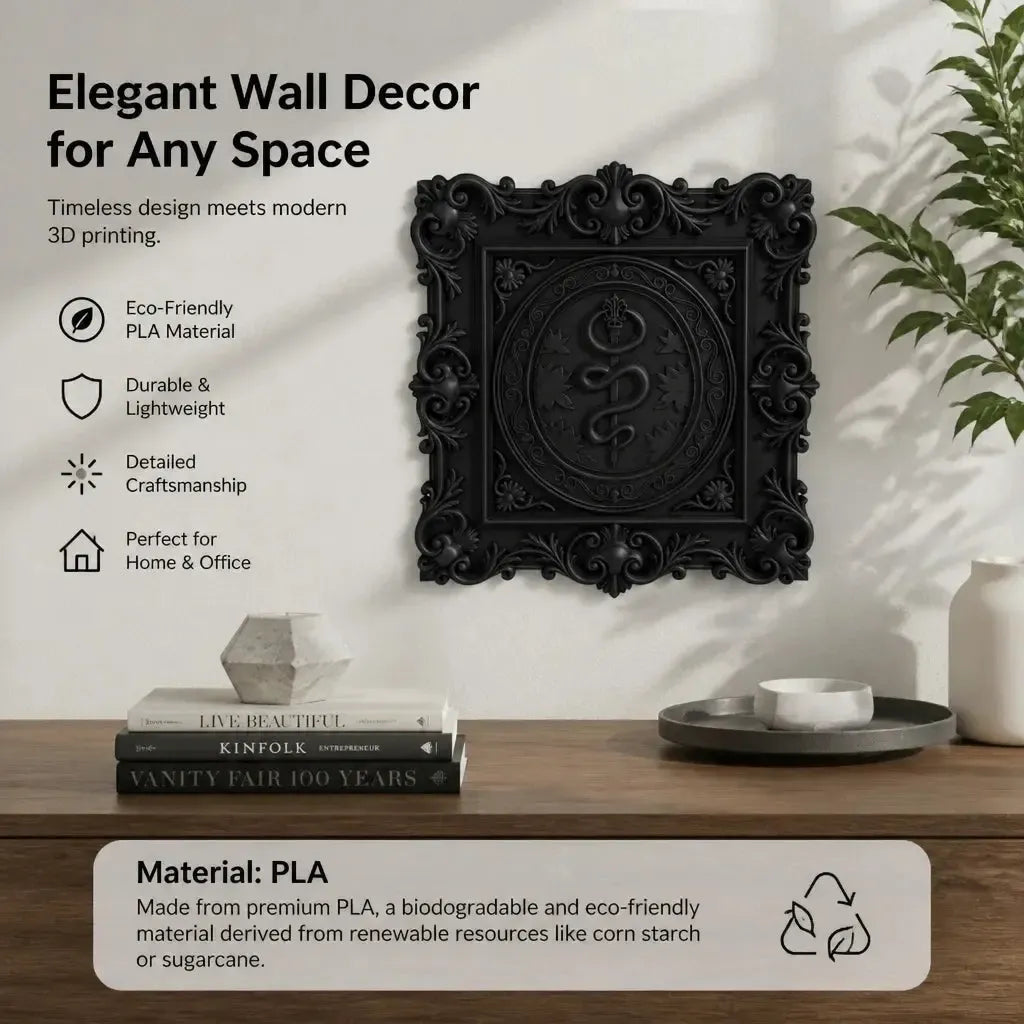 Plaque feature graphic: Baroque Rod of Asclepius Wall Plaque, featuring a serpent-wrapped staff within a square Baroque frame.