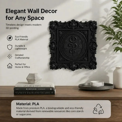 Plaque feature graphic: Baroque Rod of Asclepius Wall Plaque, featuring a serpent-wrapped staff within a square Baroque frame.