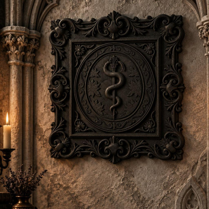 Rod of Asclepius Wall Plaque in a realistic witchy gothic setting, detailed product view with natural shine and contact shadows.
