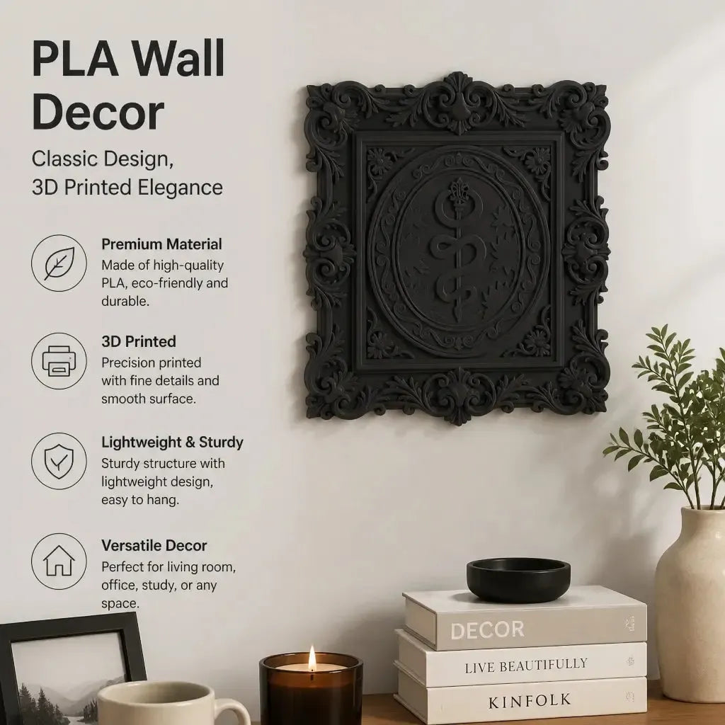 Styled study wall: Baroque Rod of Asclepius Wall Plaque, featuring a serpent-wrapped staff within a square Baroque frame.