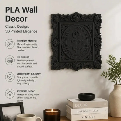 Styled study wall: Baroque Rod of Asclepius Wall Plaque, featuring a serpent-wrapped staff within a square Baroque frame.