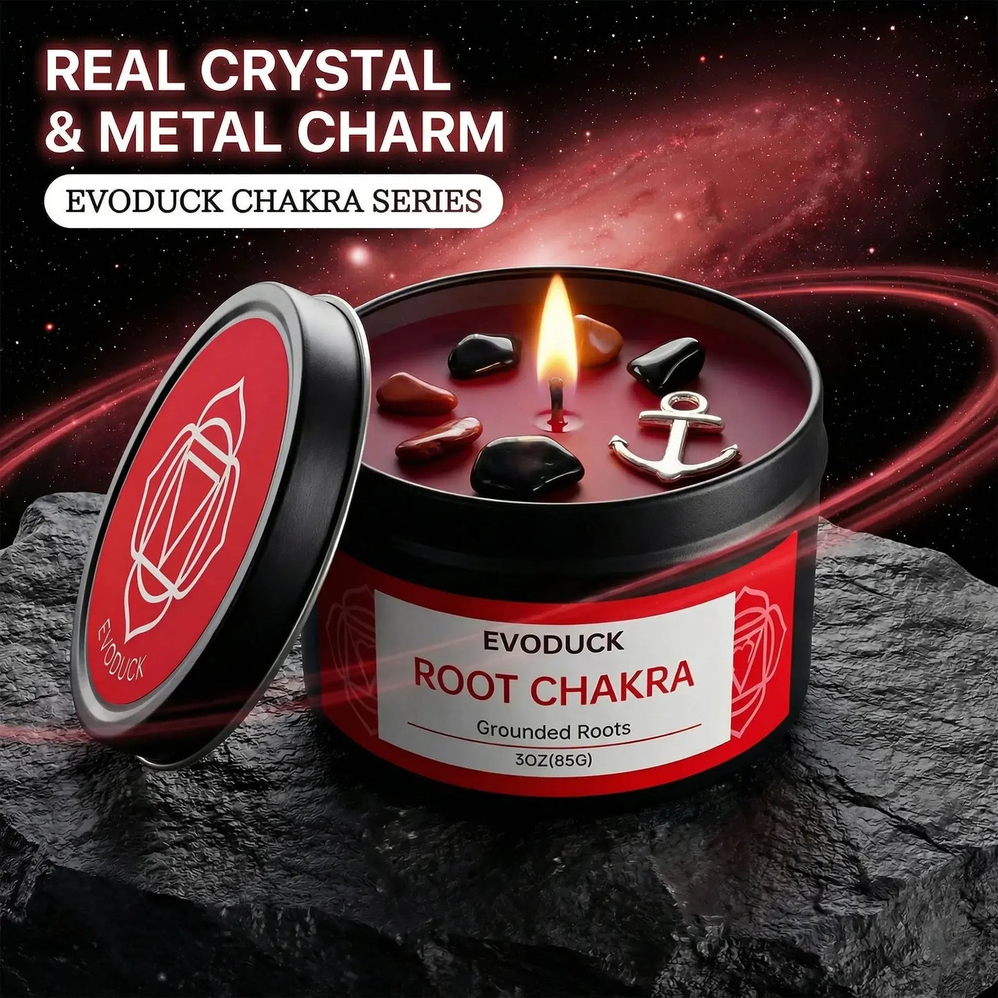 Root Chakra candle with real crystal and metal anchor charm