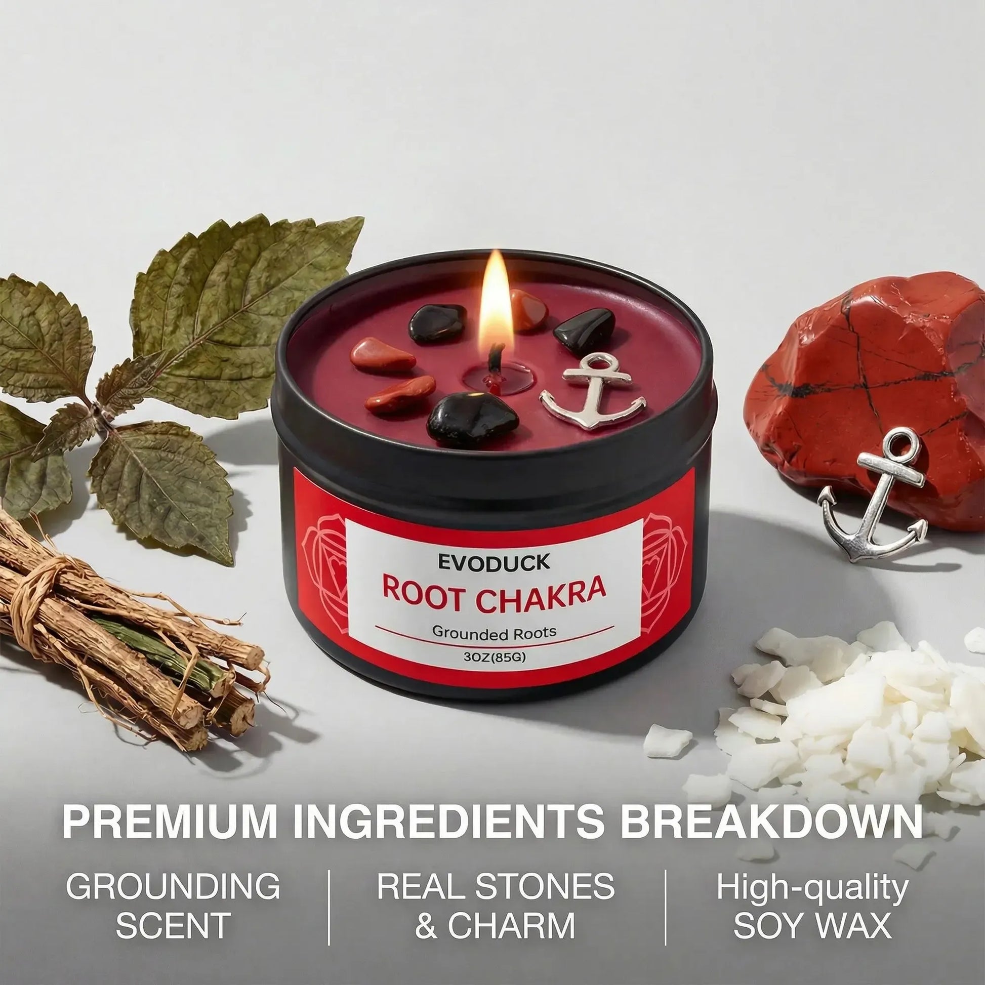 Root Chakra candle premium ingredients: grounding scent, real stones and charm, soy wax