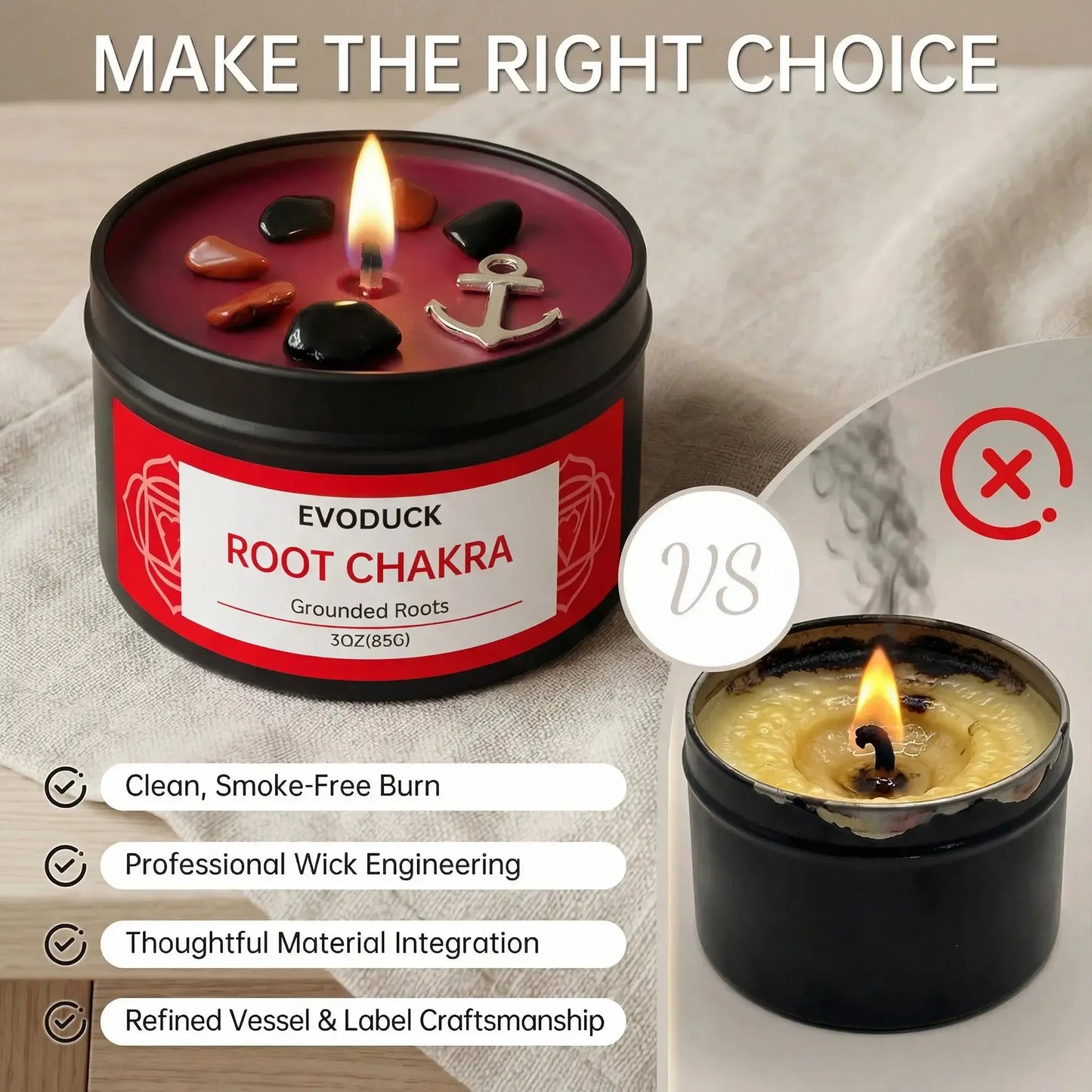 Root Chakra crystal candle quality comparison versus a low-quality black candle