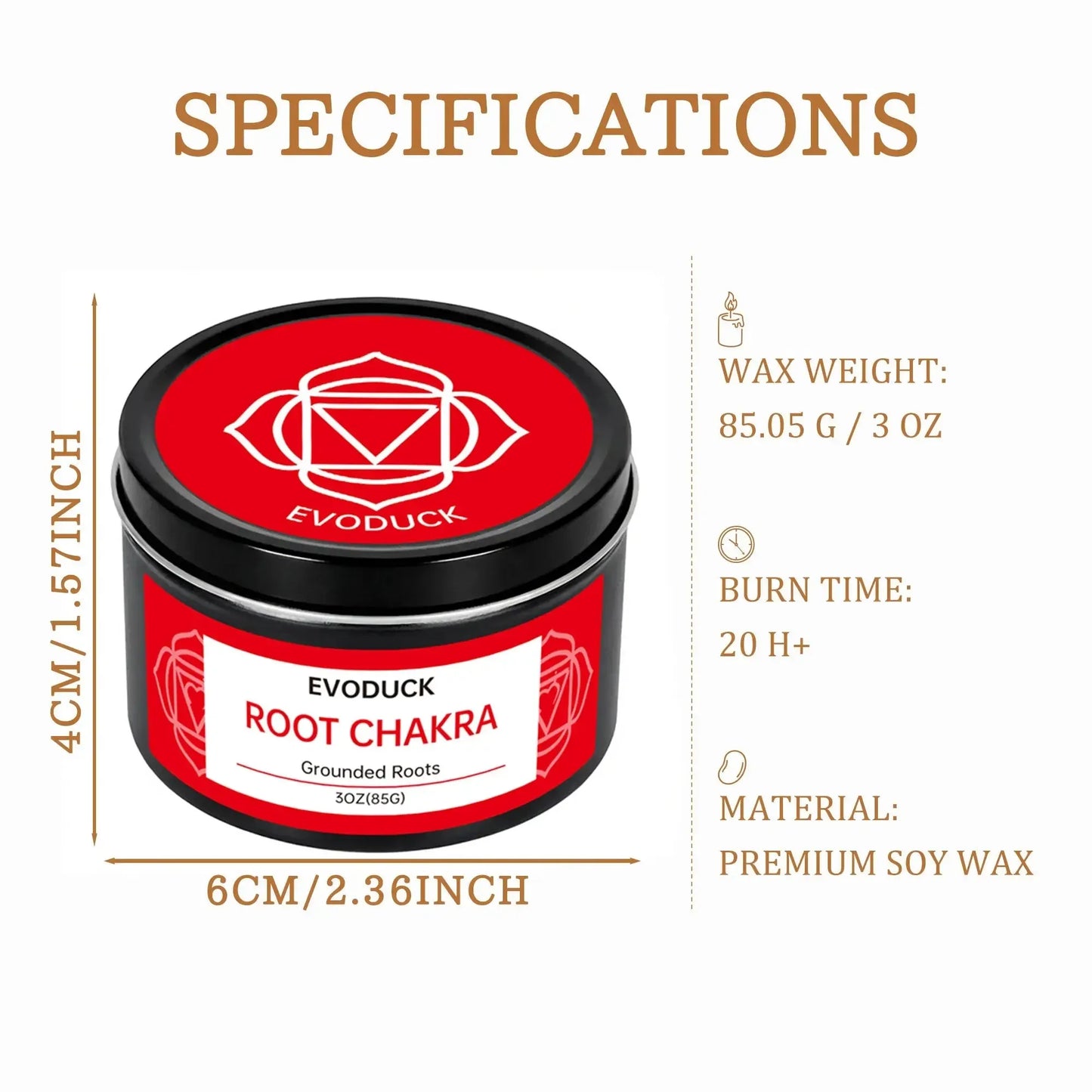 Root Chakra candle specifications: wax weight, burn time, soy wax material, and size