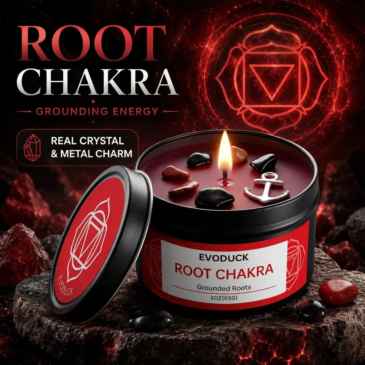Root chakra crystal candle with patchouli and metal charm
