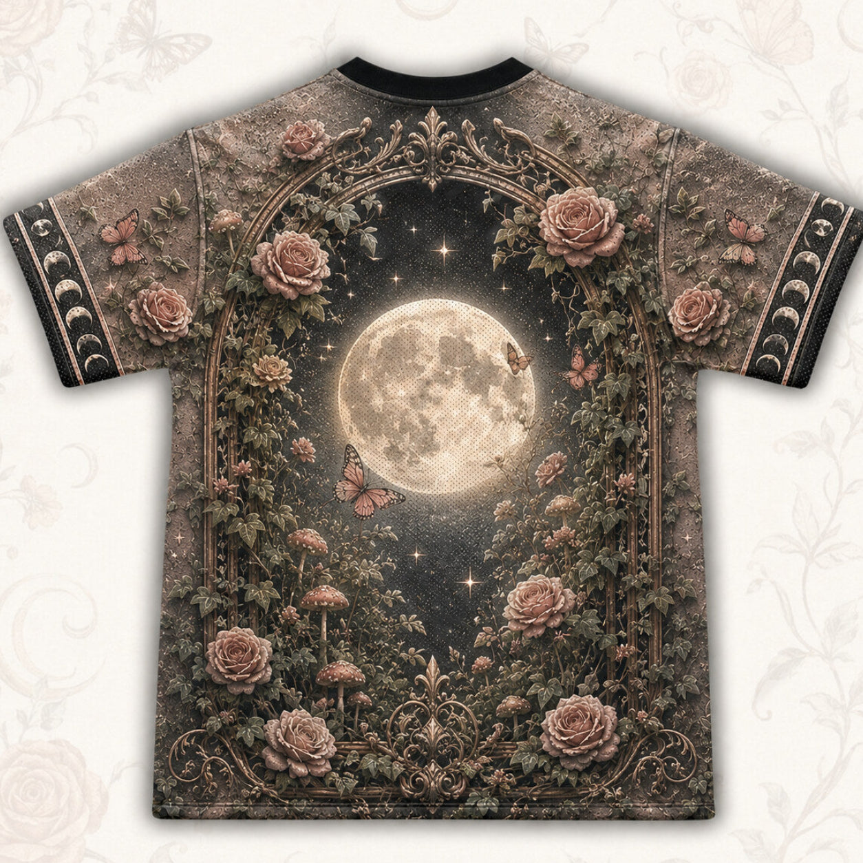 Rose Garden Moon Witch T-Shirt Black Cat Pink Cottage Tee back view