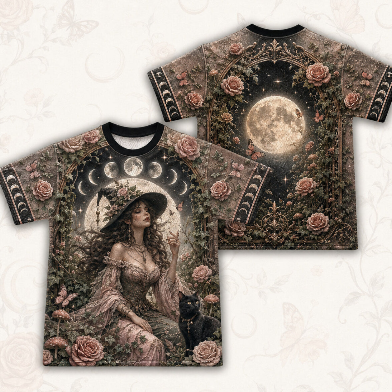 Rose Garden Moon Witch T-Shirt Black Cat Pink Cottage Tee front and back together