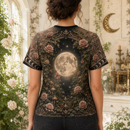 Rose Garden Moon Witch T-Shirt Black Cat Pink Cottage Tee worn, back view