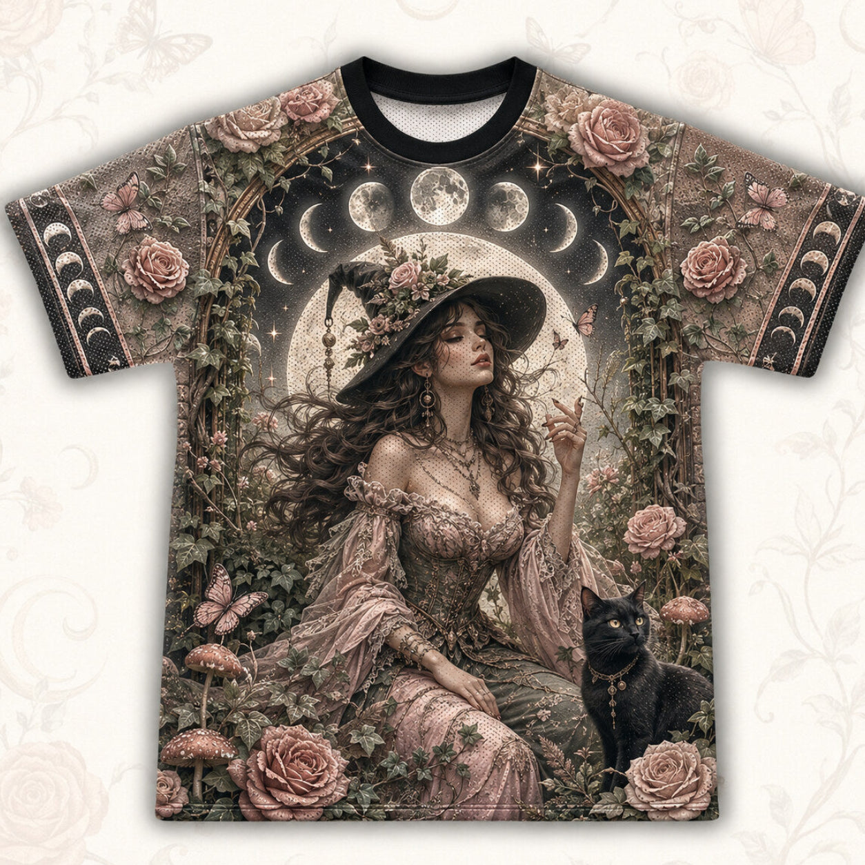 Rose Garden Moon Witch T-Shirt Black Cat Pink Cottage Tee front view