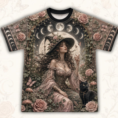Rose Garden Moon Witch T-Shirt Black Cat Pink Cottage Tee front view
