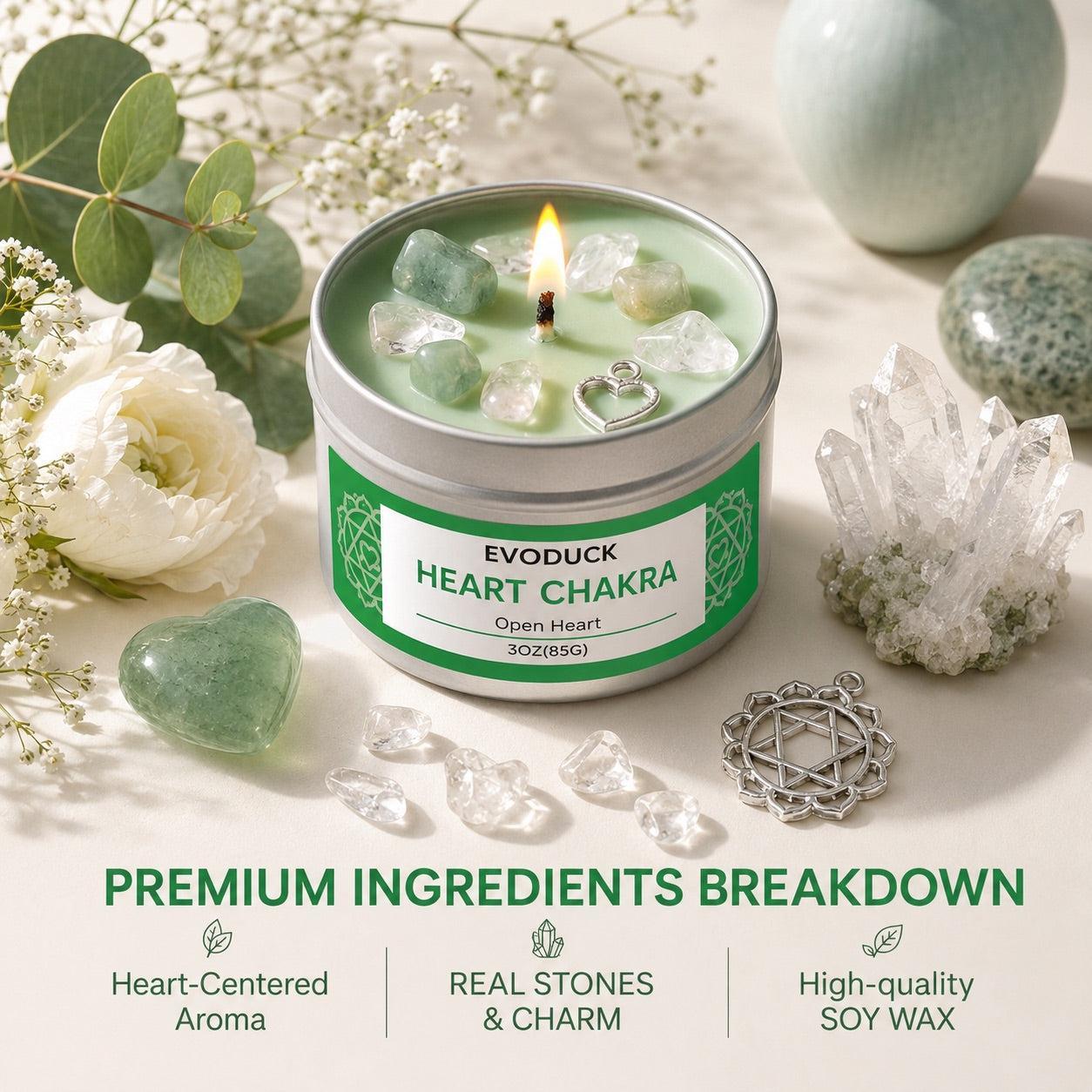 Rose Jasmine Heart Chakra candle premium ingredients: soy wax, real crystals, and heart charm