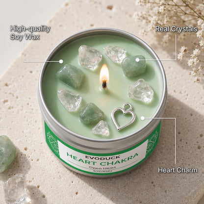Heart Chakra candle close-up labeled with soy wax, real crystals, and heart charm details