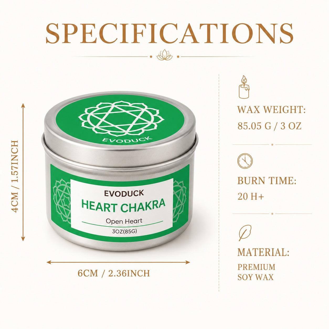Heart Chakra candle specifications: wax weight, burn time, soy wax material, and size