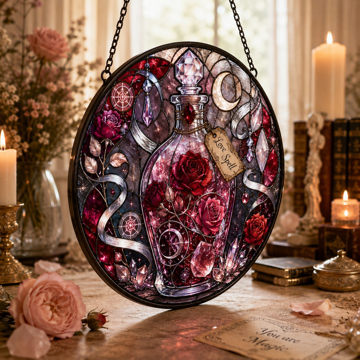 Rose Moon Love Spell Bottle Glass Suncatcher - hanging view
