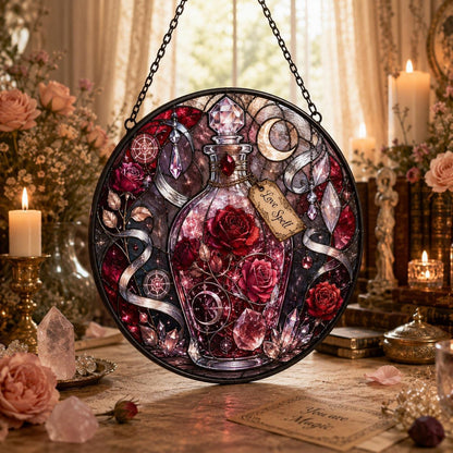 Rose Moon Love Spell Bottle Glass Suncatcher - sunlight glow