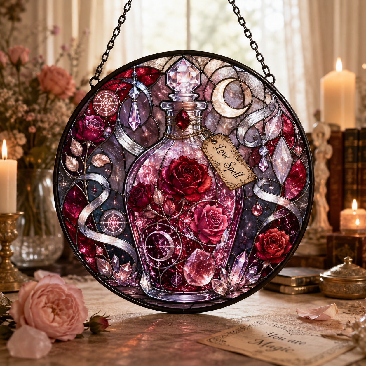 Rose Moon Love Spell Bottle Glass Suncatcher - window display