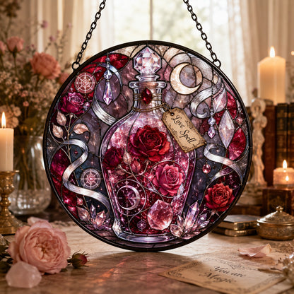 Rose Moon Love Spell Bottle Glass Suncatcher - window display