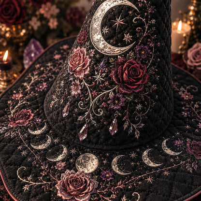 Rose Moon Witch Hat – Celestial Floral Pastel Goth Wide Brim Hat – styled with candles and crystals