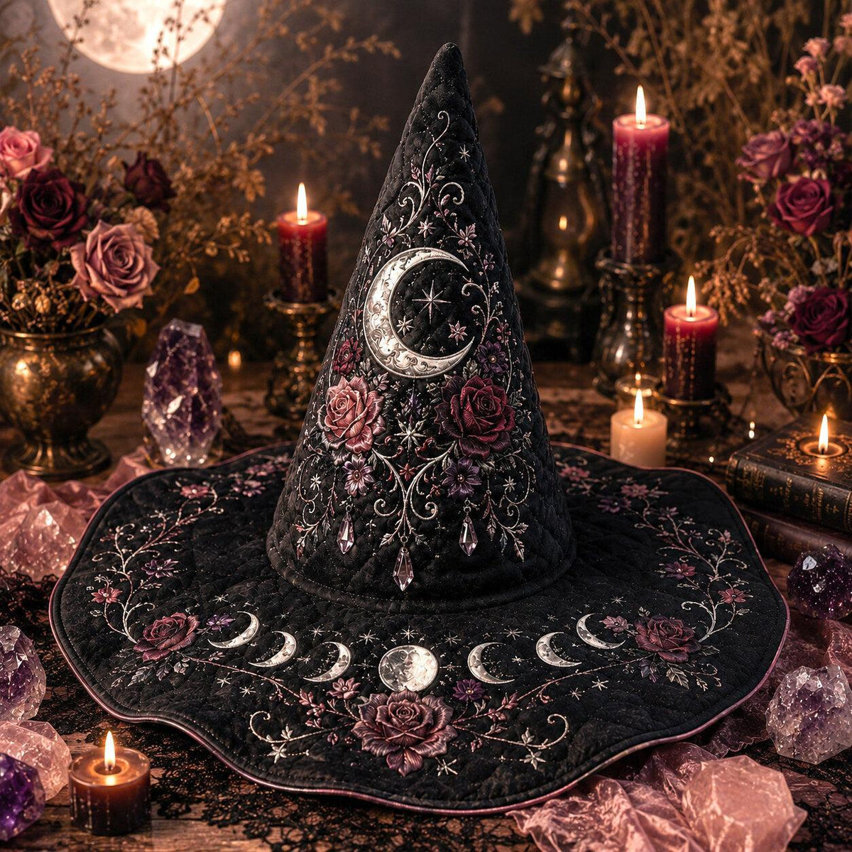 Rose Moon Witch Hat – Celestial Floral Pastel Goth Wide Brim Hat – held in both hands