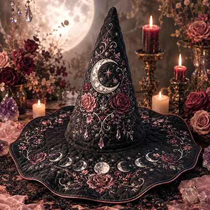 Rose Moon Witch Hat – Celestial Floral Pastel Goth Wide Brim Hat – on an altar table