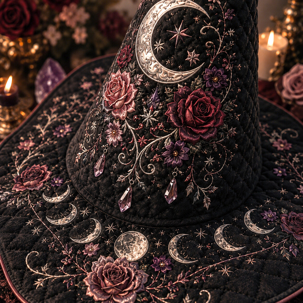 Rose Moon Witch Hat – Celestial Floral Pastel Goth Wide Brim Hat – styled with candles and crystals