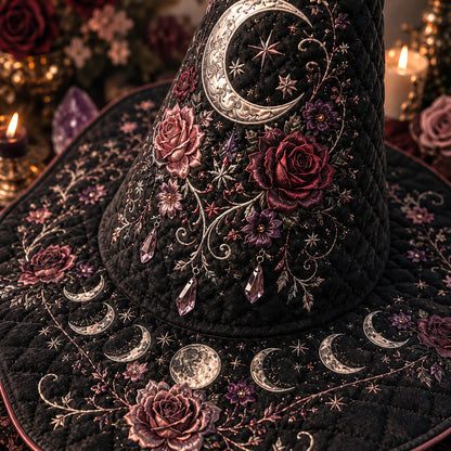 Rose Moon Witch Hat – Celestial Floral Pastel Goth Wide Brim Hat – styled with candles and crystals
