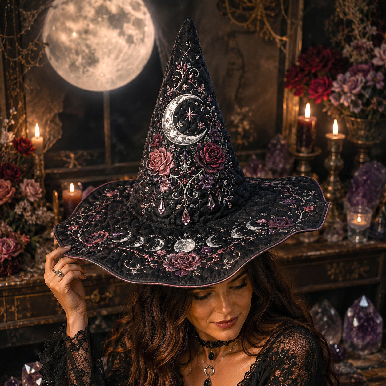Rose Moon Witch Hat – Celestial Floral Pastel Goth Wide Brim Hat – worn, front view
