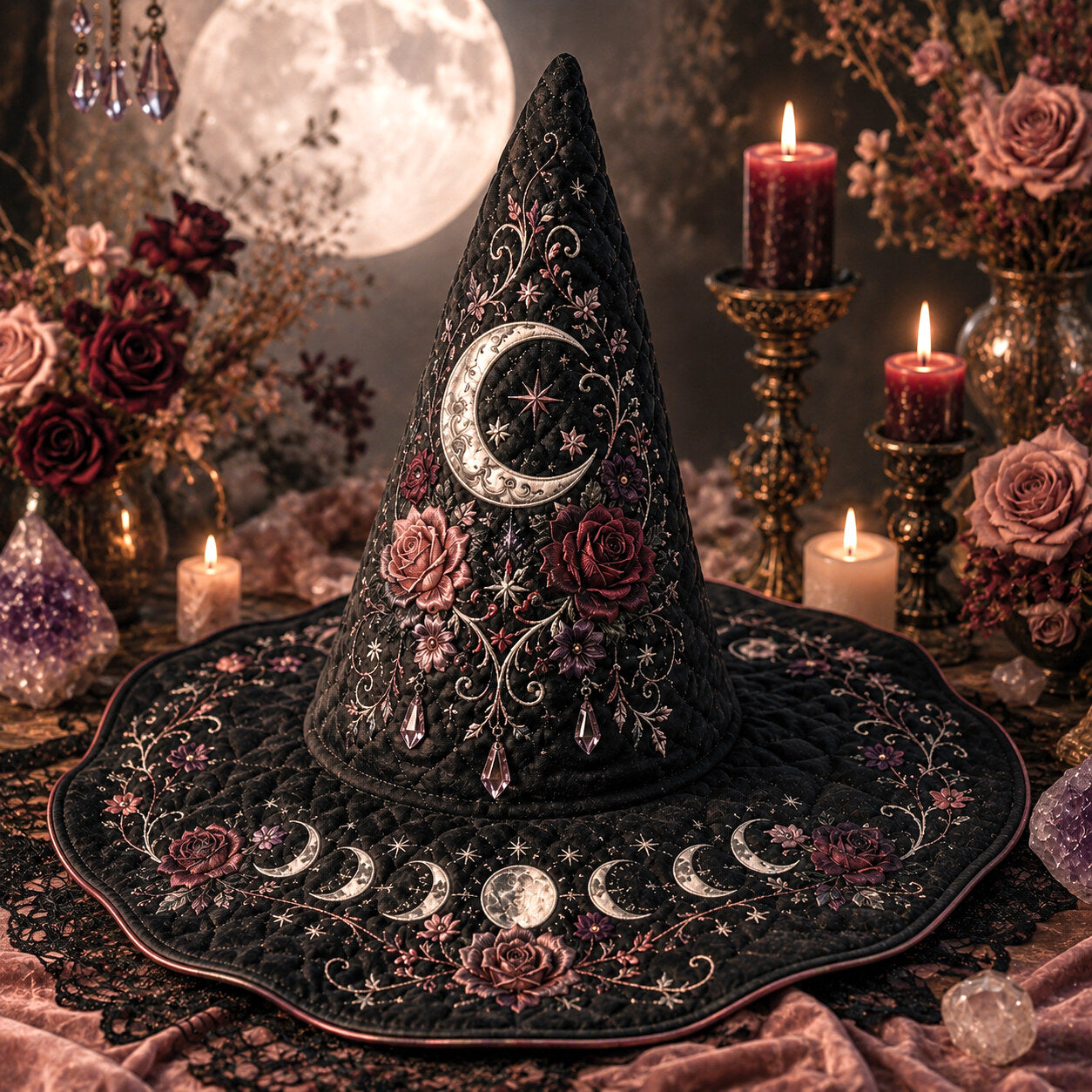 Rose Moon Witch Hat – Celestial Floral Pastel Goth Wide Brim Hat – quilting and print detail