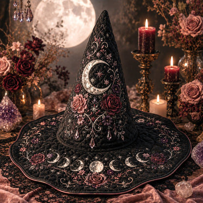 Rose Moon Witch Hat – Celestial Floral Pastel Goth Wide Brim Hat – quilting and print detail