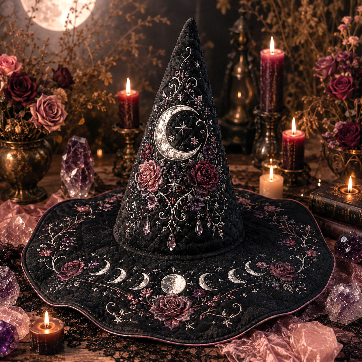 Rose Moon Witch Hat – Celestial Floral Pastel Goth Wide Brim Hat – held in both hands
