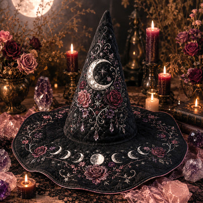 Rose Moon Witch Hat – Celestial Floral Pastel Goth Wide Brim Hat – held in both hands