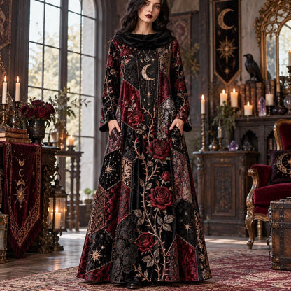 Rose Thorn Hex Gothic Cowl Neck Dress – Witchy Crimson Rose Maxi – worn, front view
