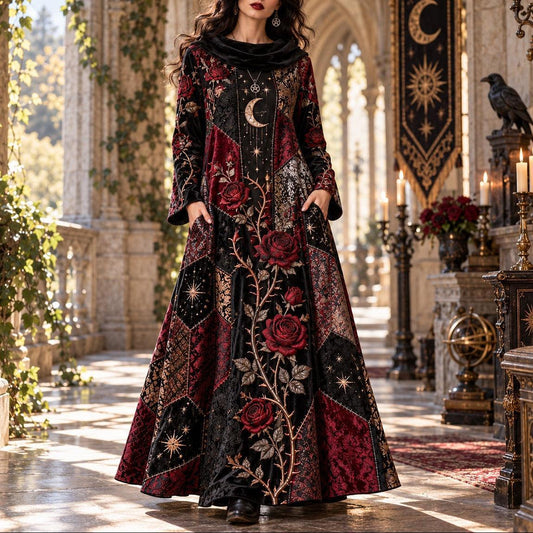 Rose Thorn Hex Gothic Cowl Neck Dress – Witchy Crimson Rose Maxi – worn, in motion