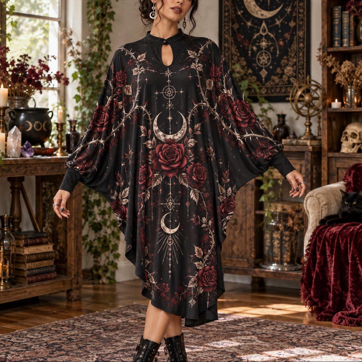 Rose Thorn Moon Gothic Batwing Dress – Witchy Dark Romantic Midi – worn, front view
