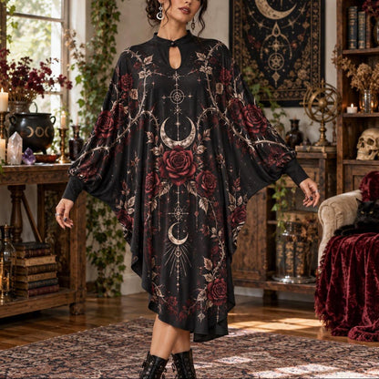 Rose Thorn Moon Gothic Batwing Dress – Witchy Dark Romantic Midi – worn, front view