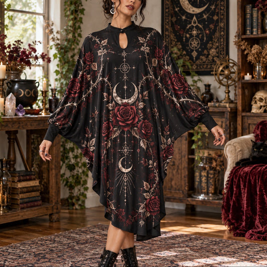 Rose Thorn Moon Gothic Batwing Dress – Witchy Dark Romantic Midi – worn, front view