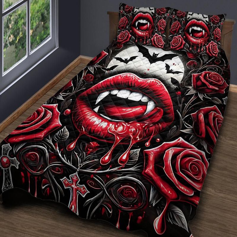 Roses and Gothic Bat Halloween Quilt Bedding Set-MoonChildWorld
