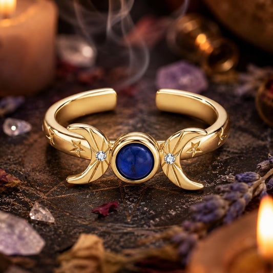 Rotatable Sun Moon Star Open Ring – 18K Gold Plated Blue Gem Jewelry-MoonChildWorld