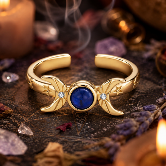 Rotatable Sun Moon Star Open Ring – 18K Gold Plated Blue Gem Jewelry-MoonChildWorld