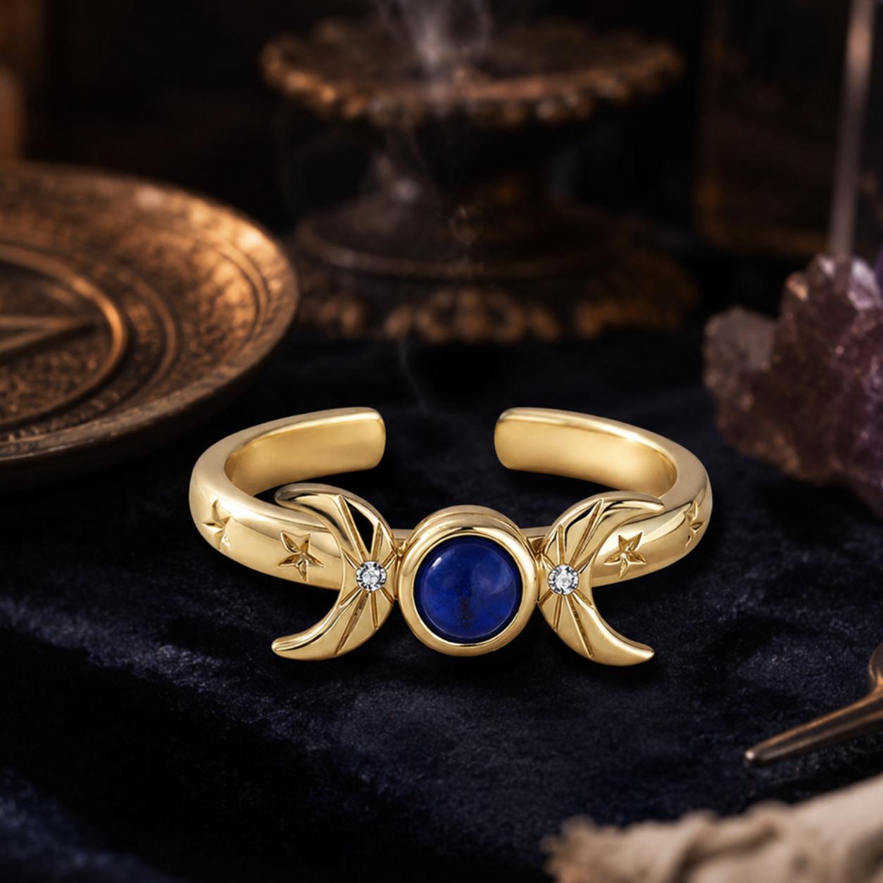 Rotatable Sun Moon Star Open Ring – 18K Gold Plated Blue Gem Jewelry-MoonChildWorld