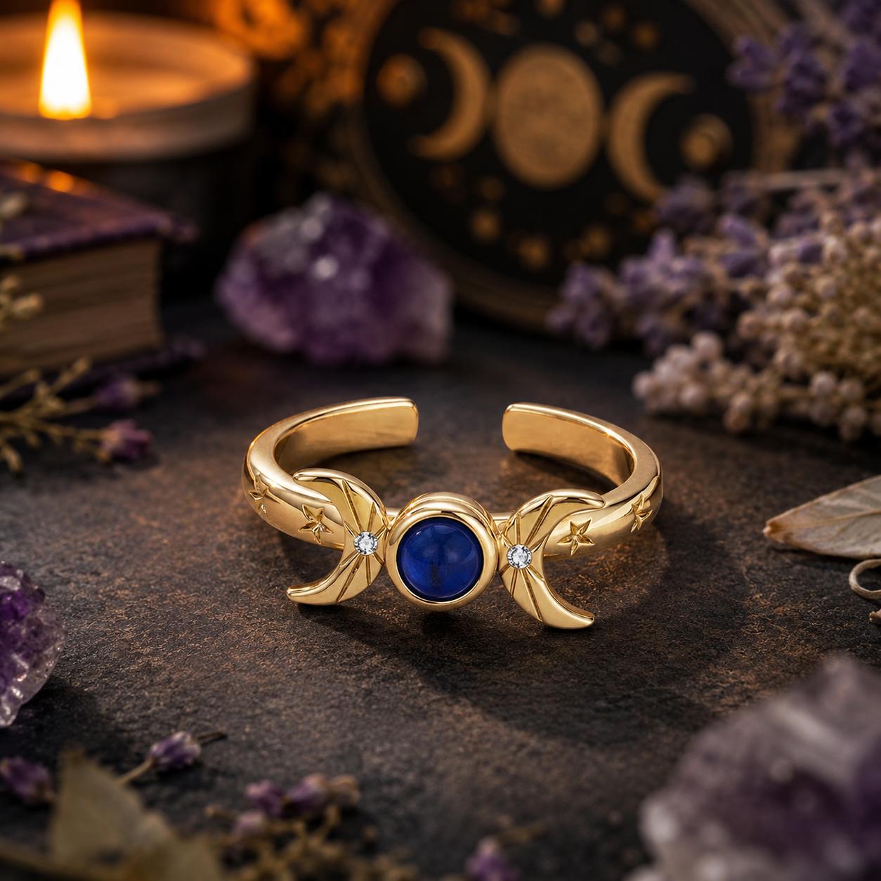 Rotatable Sun Moon Star Open Ring – 18K Gold Plated Blue Gem Jewelry-MoonChildWorld