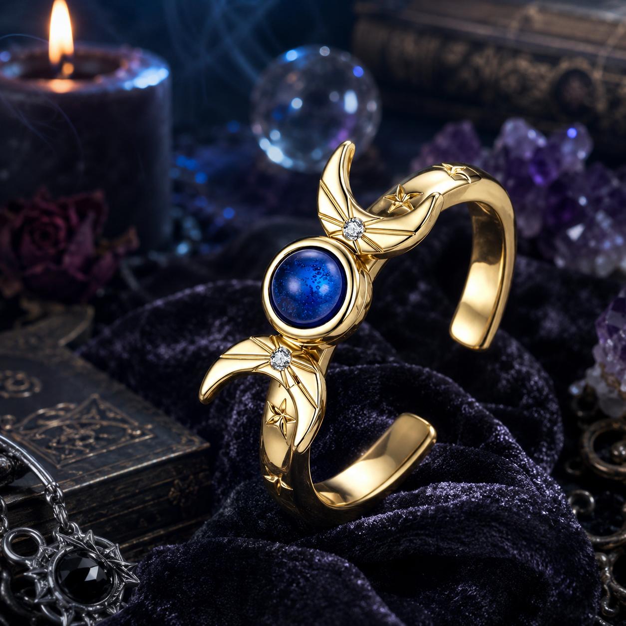 Rotatable Sun Moon Star Open Ring – 18K Gold Plated Blue Gem Jewelry-MoonChildWorld