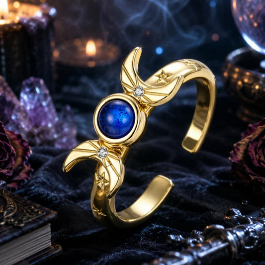 Rotatable Sun Moon Star Open Ring – 18K Gold Plated Blue Gem Jewelry-MoonChildWorld