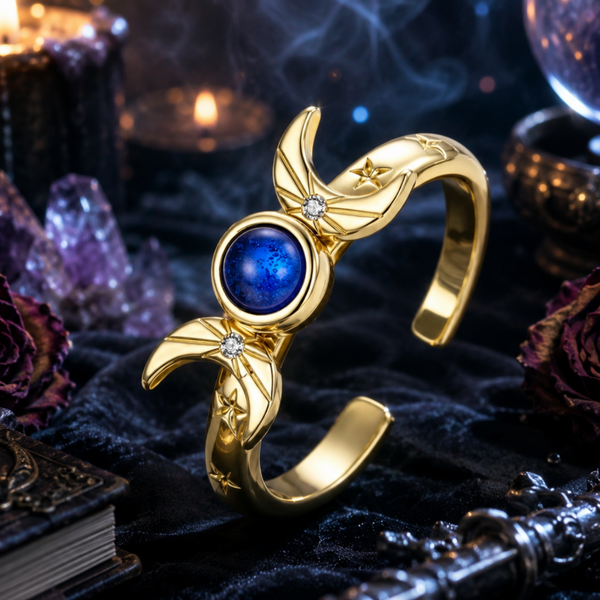 Rotatable Sun Moon Star Open Ring – 18K Gold Plated Blue Gem Jewelry-MoonChildWorld